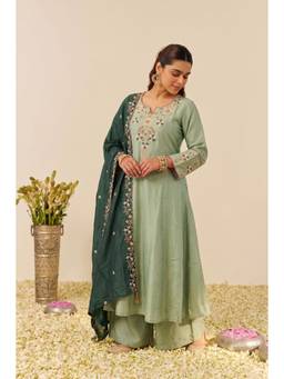 THE52 - Green Silk Blend Embroidered Anarkali Kurta and Palazzo with Dupatta