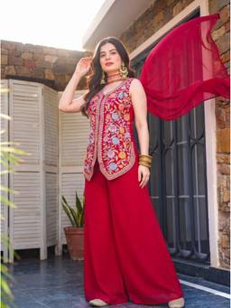 THE52 - Red Georgette Embroidered Kurta and Palazzo with Dupatta