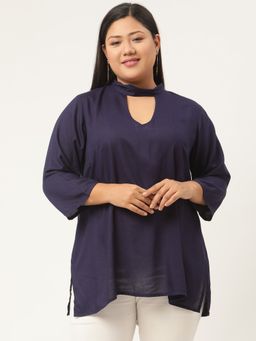theRebelinme - Plus Size Women Navy Blue Solid Color High Neck Top