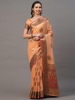 Akhilam - Peach Festive Silk Blend Woven Design Saree with Unstitched
