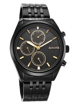 Sonata - Black Round Dial Stainless Steel Strap Watch For Men- 7155NM01 (M)
