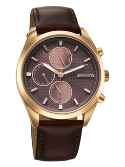 Sonata - Brown Round Dial Leather Strap Watch For Men- 7155WL01 (M)