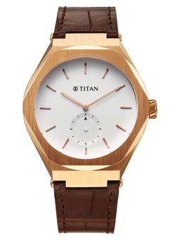 Titan - Contour Analog With Small Second And White Dial Brown Leather Strap Watch - 90210WL01 (M)