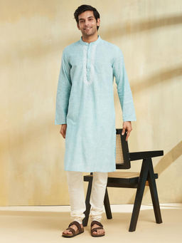 Fabindia - Teal Cotton Mandarin Neck Kurta