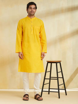 Fabindia - Yellow Cotton Mandarin Neck Kurta
