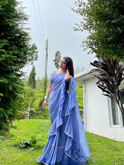 Chidiyaa - Jugnu Evening Blue Mulmul Cotton Saree with Stitched Blouse