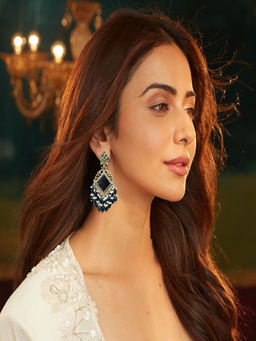 Accessher - Gold-Tone Dark Blue Danglers with Faux Pearl Detailing-Ethnic Earrings