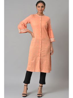 W - Orange Embroidered Kurta with Slim Pants (Set of 2)