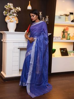 Beatitude - Blue Shade Handwoven Linen Zari Border Saree with Unstitched Blouse