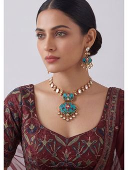 Zevar By Geeta - Eiraani Blue Stone Kundan White Necklace with Pair of Earrings