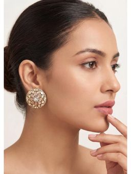 Zevar By Geeta - Gazala Big Floral Gold Finish Kundan Pink Pair of Studs