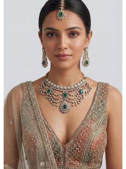 Zevar By Geeta - Gulabsha Green Two Tone Finish Polki Bridal Necklace with Pair of Earrings