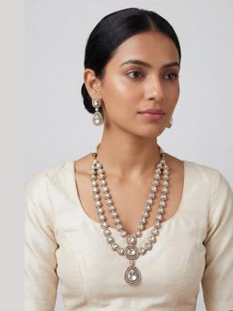 Zevar By Geeta - Charvi Two Tone Finish Polki White Necklace with Pair of Earrings
