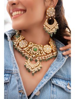 Zevar By Geeta - Navika Green Gold Plated Kundan Bridal Necklace with Pair of Earrings
