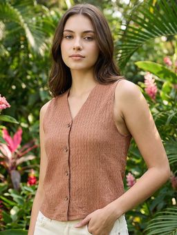Bewakoof - Brown Cotton Blend Sleeveless Crop Top