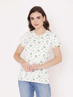 Bonjour - Cream Cotton Half Sleeves T-Shirt