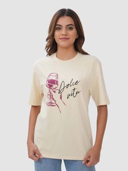 Bonjour - Cream Cotton Half Sleeves T-Shirt