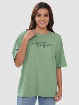 Bonjour - Green Cotton Half Sleeves T-Shirt