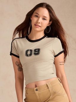 Outzidr - Beige Polyester Half Sleeves T-Shirt