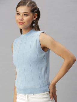 SHOWOFF - Women Choker Neck Solid Blue Regular Top