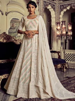 Odette - Beautiful Off White Georgette Embroidered Semi Stitched Lehenga With Unstitched Blouse (Set of 3)