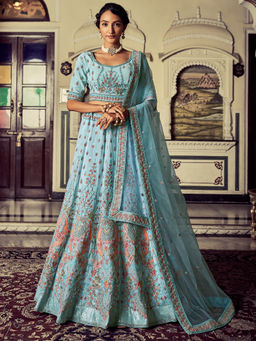 Odette - Attractive Blue Georgette Embroidered Semi Stitched Lehenga With Unstitched Blouse (Set of 3)