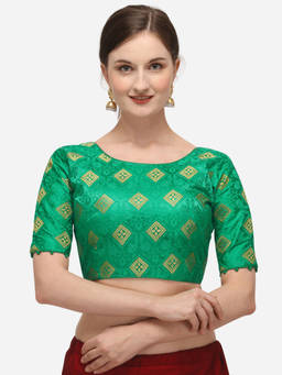 Amrutam Fab - Womens Jacquard Green Stiched Blouse With Round Neck