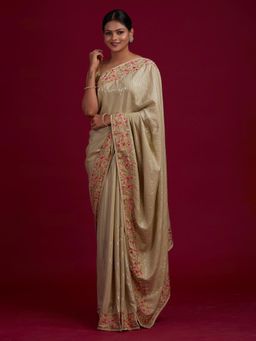 Koskii - Pista Green Threadwork Semi Crepe Designer Saree with Unstitched Blouse