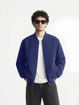 Styli - Men Navy Blue Zip Through Relaxed Bomber Jacket