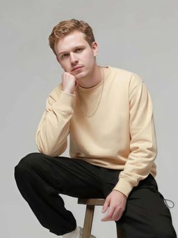 Styli - Men Cream Solid Relaxed Fit Cotton Terry Sweatshirt