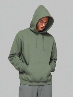 Styli - Olive Solid Relaxed Fit Fleece Kangaroo Pocket Hoodie