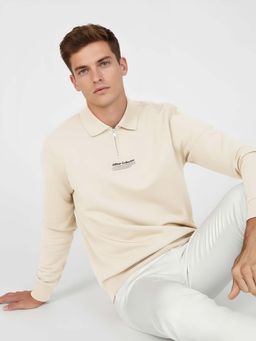 Styli - Cream Men Minimal Print High Neck Rib Relaxed Sweatshirt