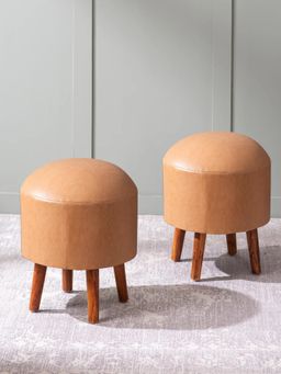 Nestroots - Tan Leatherette Wooden Ottoman Sitting Stool For Living Room (Pack of 2)