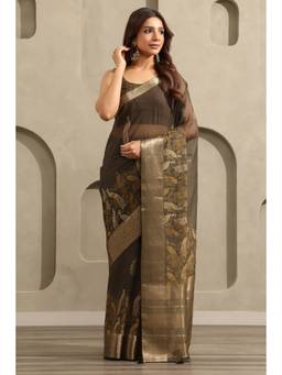 Soch - Women Olive Printed Organza Saree with Unstitched Blouse