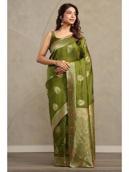 Soch - Women Olive Woven Art Silk Saree with Unstitched Blouse