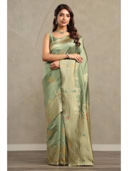 Soch - Women Olive Woven Art Silk Saree with Unstitched Blouse