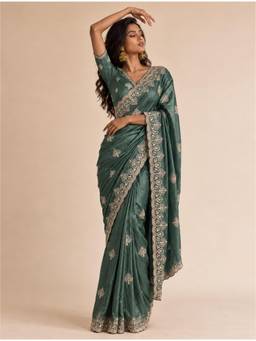 trueBrowns - Women Olive Embroidered Silk Blend Saree with Unstitched Blouse