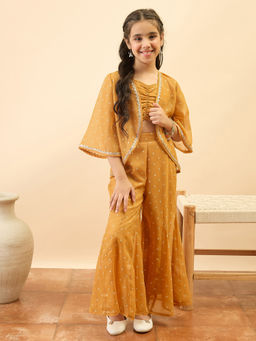 StyloBug - Yellow Printed Polyester Top with Jacket and Palazzo