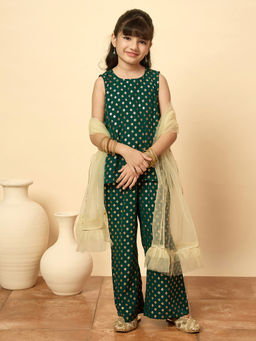 StyloBug - Green Woven Polyester Kurti with Palazzo and Dupatta