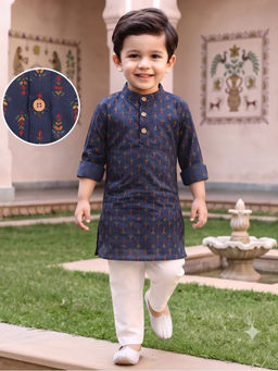 Tiny Bugs - Blue Printed Cotton Kurta and Pyjama