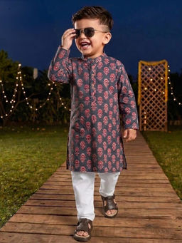 Tiny Bugs - Black Floral Cotton Kurta and Pyjama