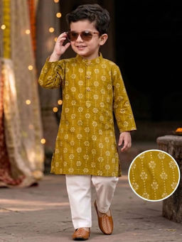 Tiny Bugs - Mustard Floral Cotton Kurta and Pyjama