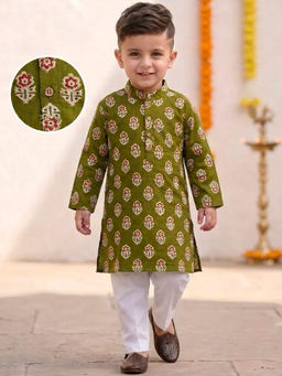 Tiny Bugs - Olive Floral Cotton Kurta and Pyjama