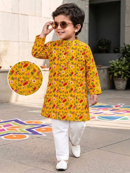 Tiny Bugs - Yellow Floral Cotton Kurta and Pyjama