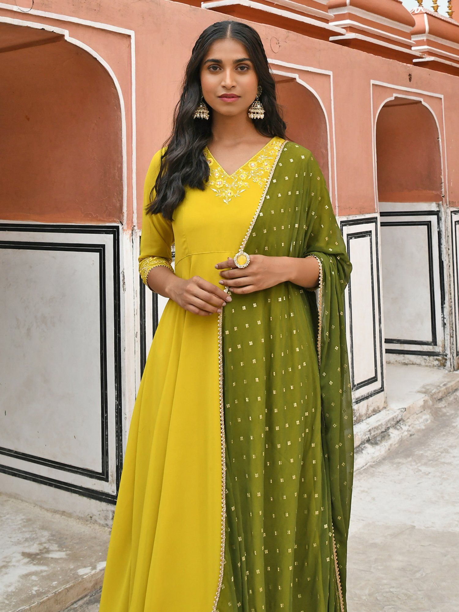 Buy Janasya Yellow Georgette Solid Kurta with Palazzo and Dupatta