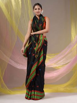 CHARUKRITI - Black Cotton Handloom Soft Nakshi Border Saree with Unstitched Blouse