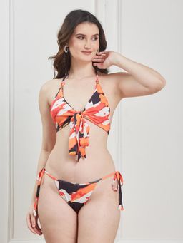 Secrets By ZeroKaata - Multi-Color Printed Halter Beachwear Swim Bikini Top with Bottom for Women