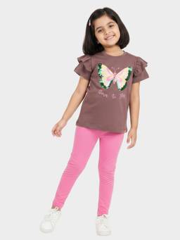 Orange Sugar - Girls Embellished/Sequined Brown Co-Ord Set
