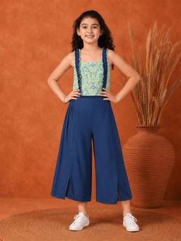 FASHION DREAM - Girls Printed Green Crop Top With Palazzo