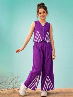 FASHION DREAM - Girls Embroidered Purple Co-Ord Set